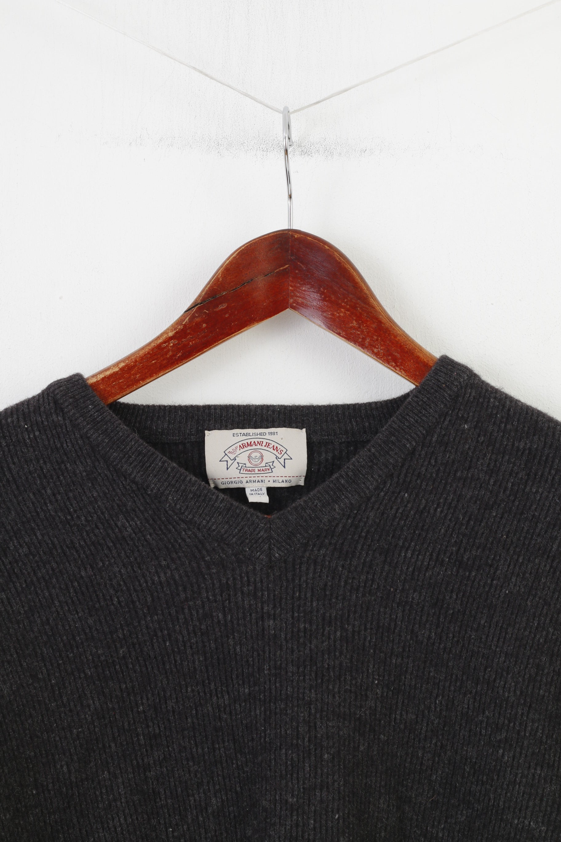 Armani Jeans Men S Jumper Charcoal Made in Italy 1981 V Neck Winter Top