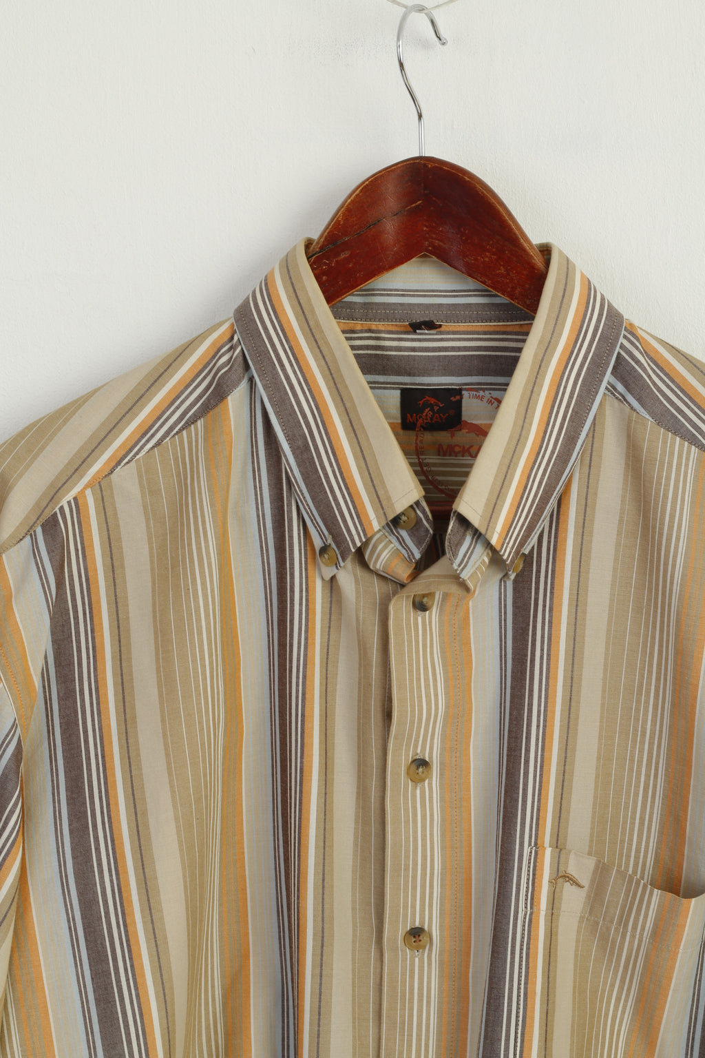 Mc KAY Men XL Casual Shirt Brown Striped Cotton VintageWestern Long Sleeve Top