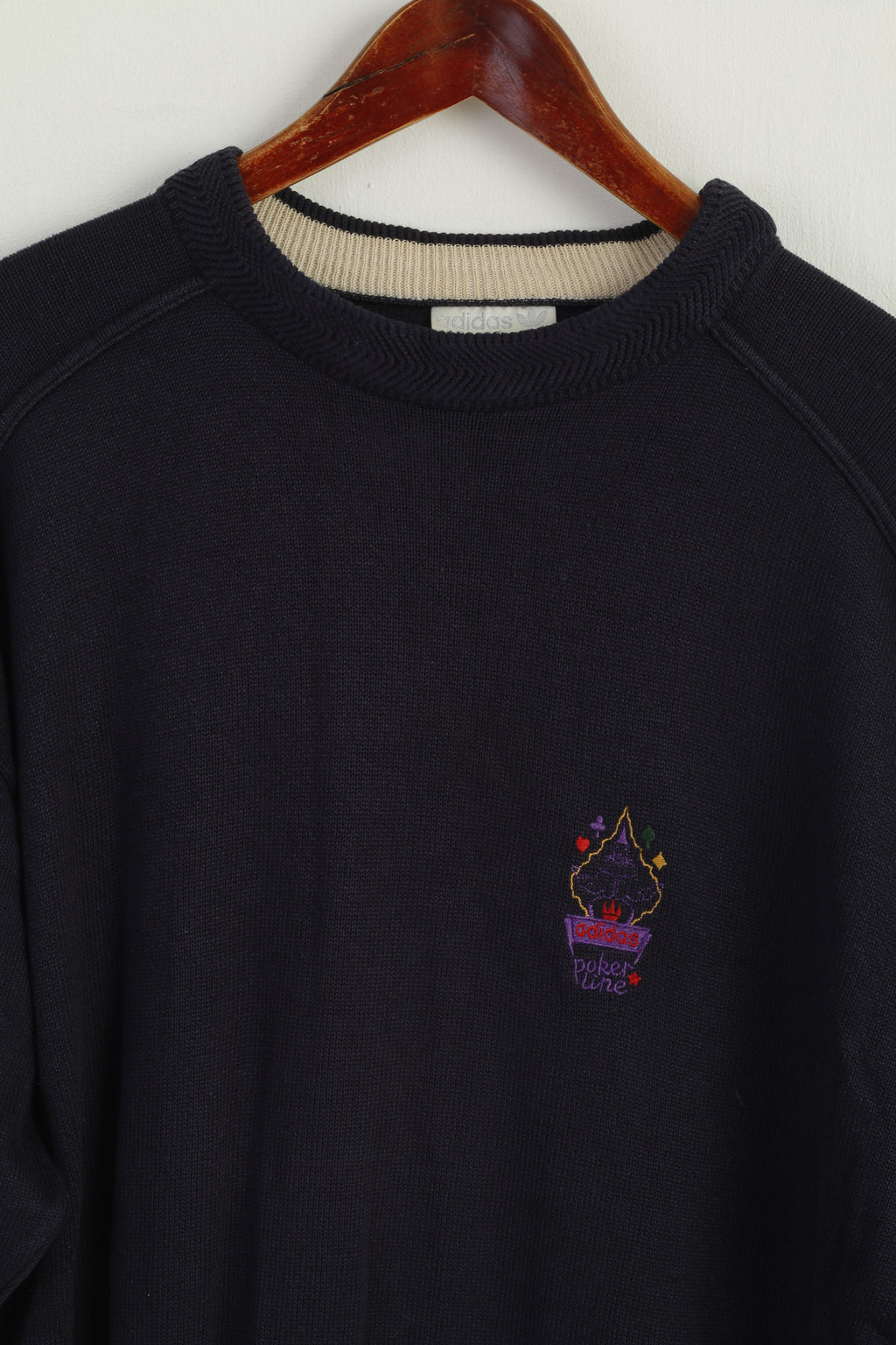 Adidas Men L Jumper Navy Cotton Poker Line Vintage Classic Retro Sweater