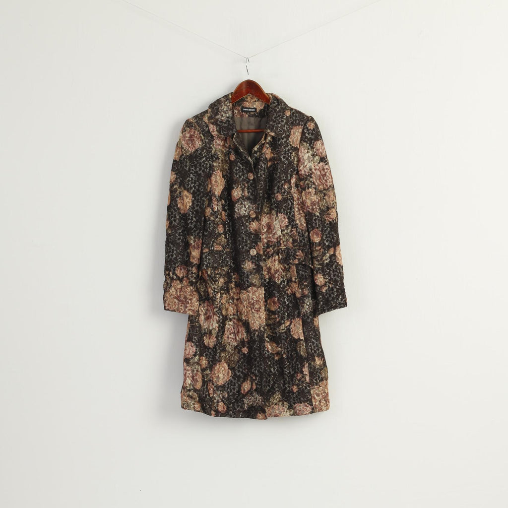Barbara Schwarzer Women 10 14 M Coat Brown Gold Floral Buttoned Casual Top