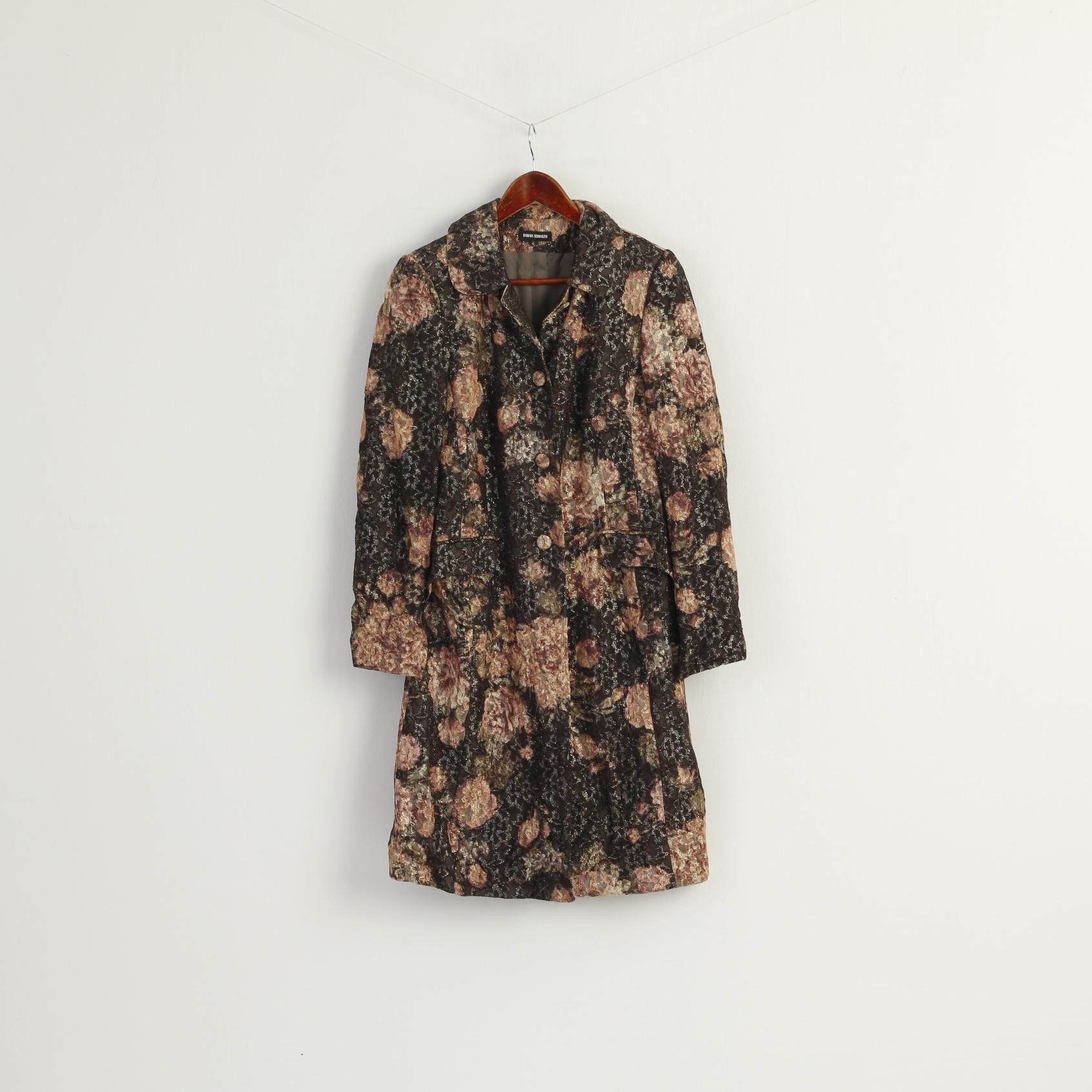 Barbara Schwarzer Women 10 14 M Coat Brown Gold Floral Buttoned Casual Top