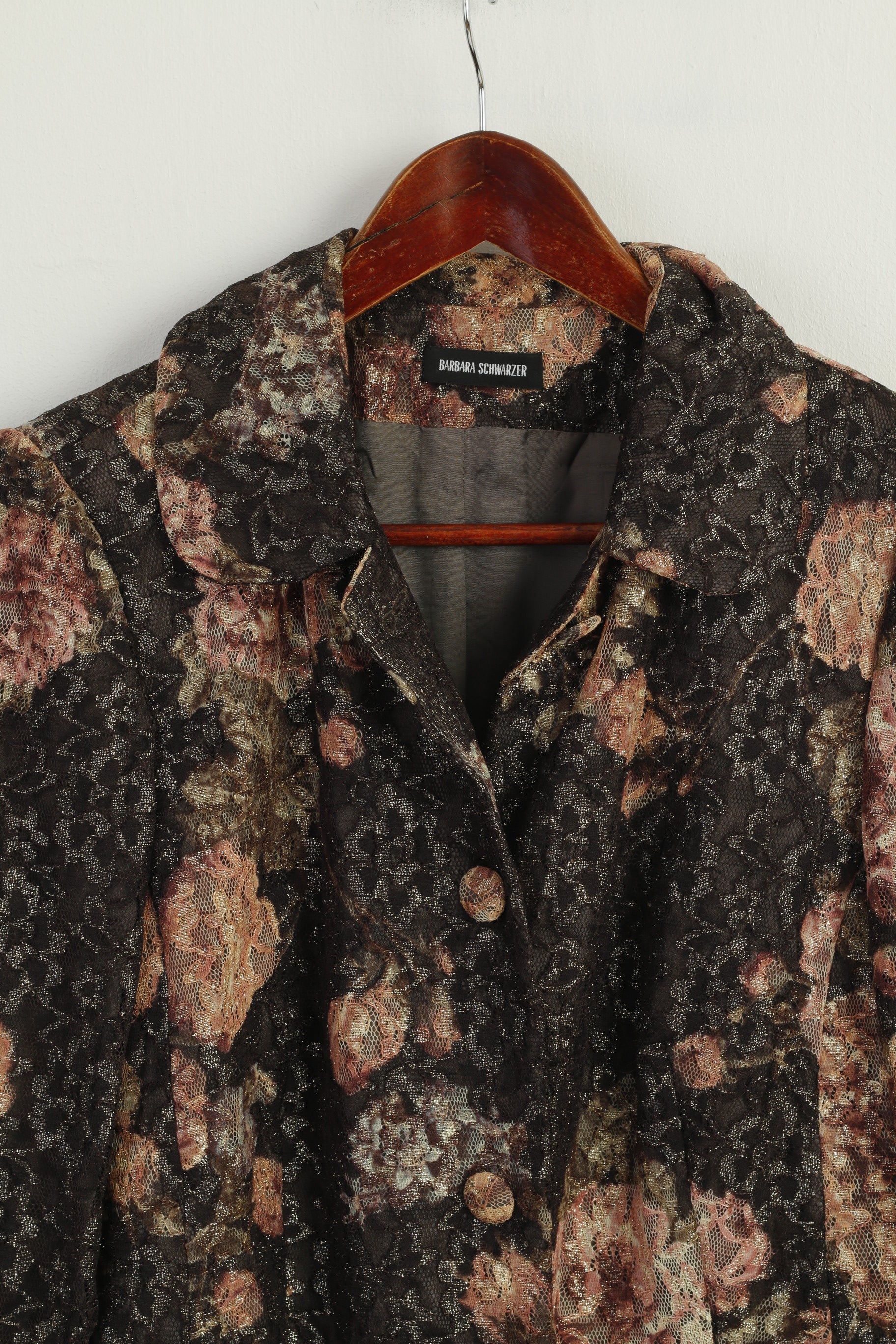 Barbara Schwarzer Women 10 14 M Coat Brown Gold Floral Buttoned Casual Top