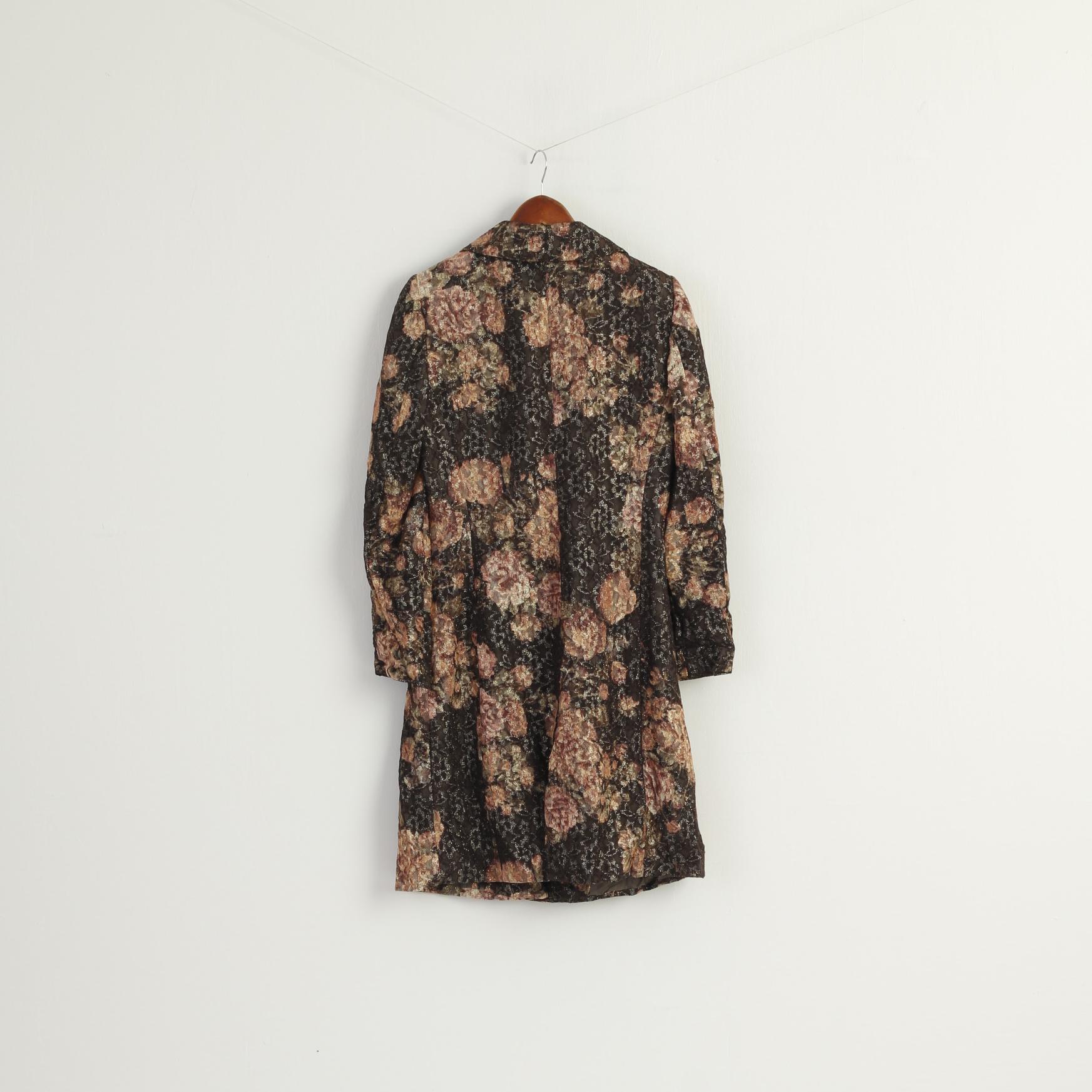 Barbara Schwarzer Women 10 14 M Coat Brown Gold Floral Buttoned Casual Top