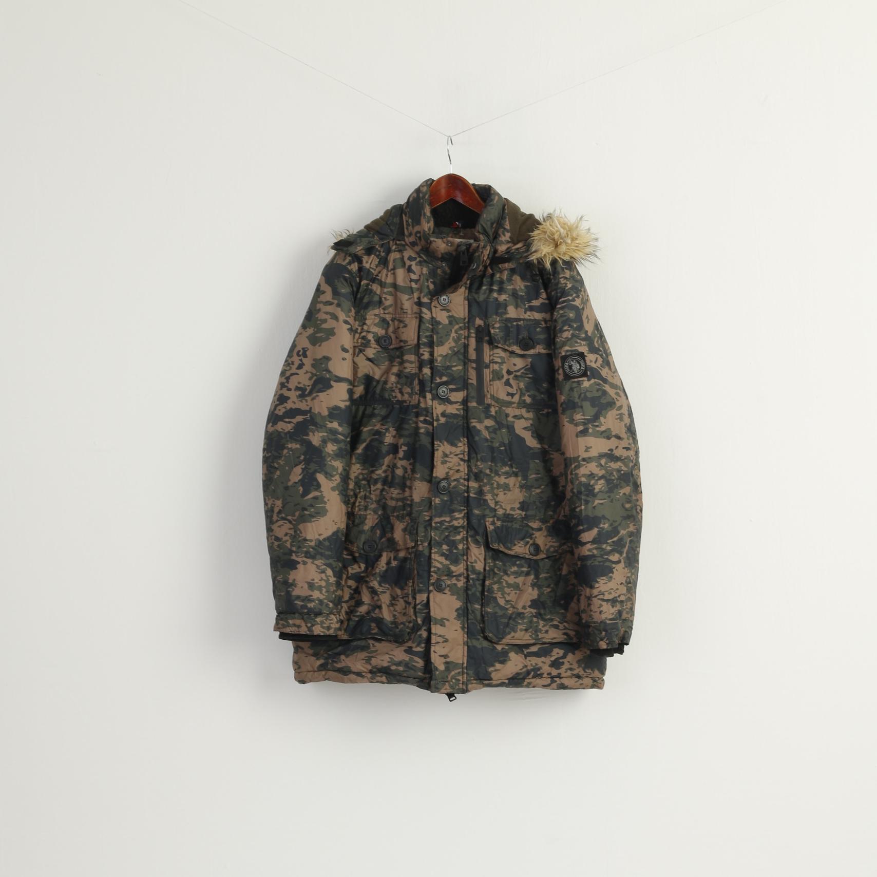 U.S. POLO ASSN. Men XL Jacket Green Camouflage Padded Hood Outdoor Parka