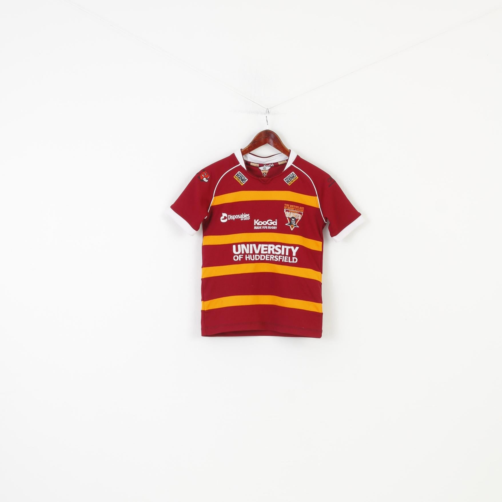 MDB Boys 10Age T-Shirt Sport Polyester Burgundy Short Sleeve University Of Huddersfield Rugby Giants Top 