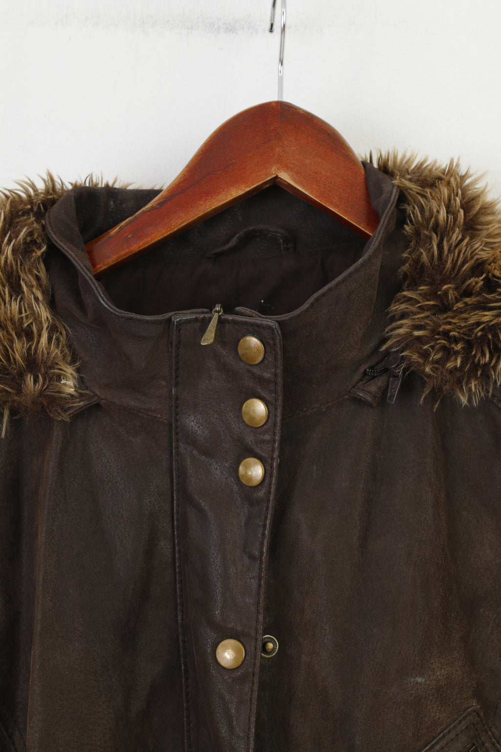 C&A Woman 46 S Leather Jacket Brown Full Zipper Belt Hood Pockets Vintage Top