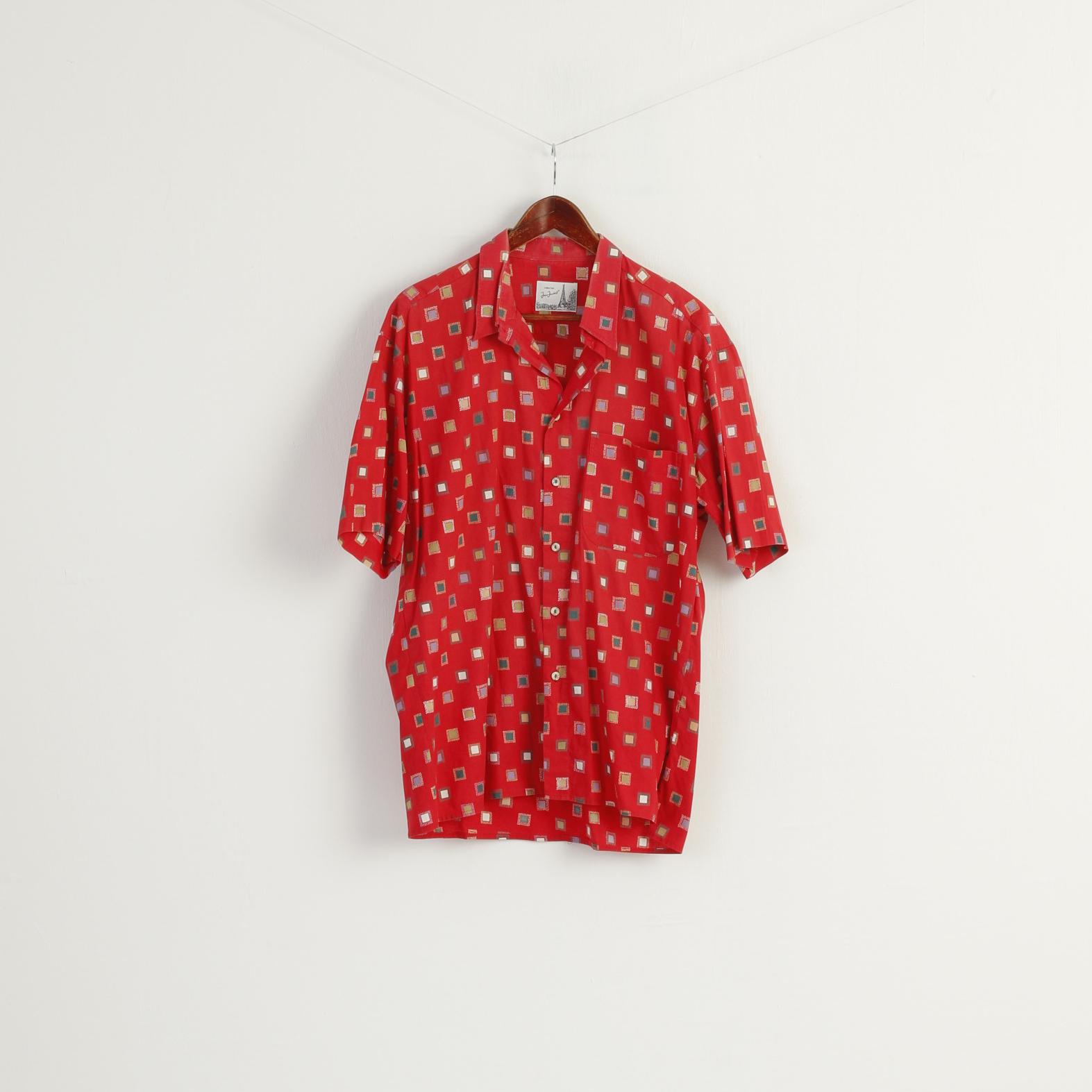 Jean Jaunbert Men XL (L) Casual Shirt Red Cotton Vintage Cubes Print Retro Top