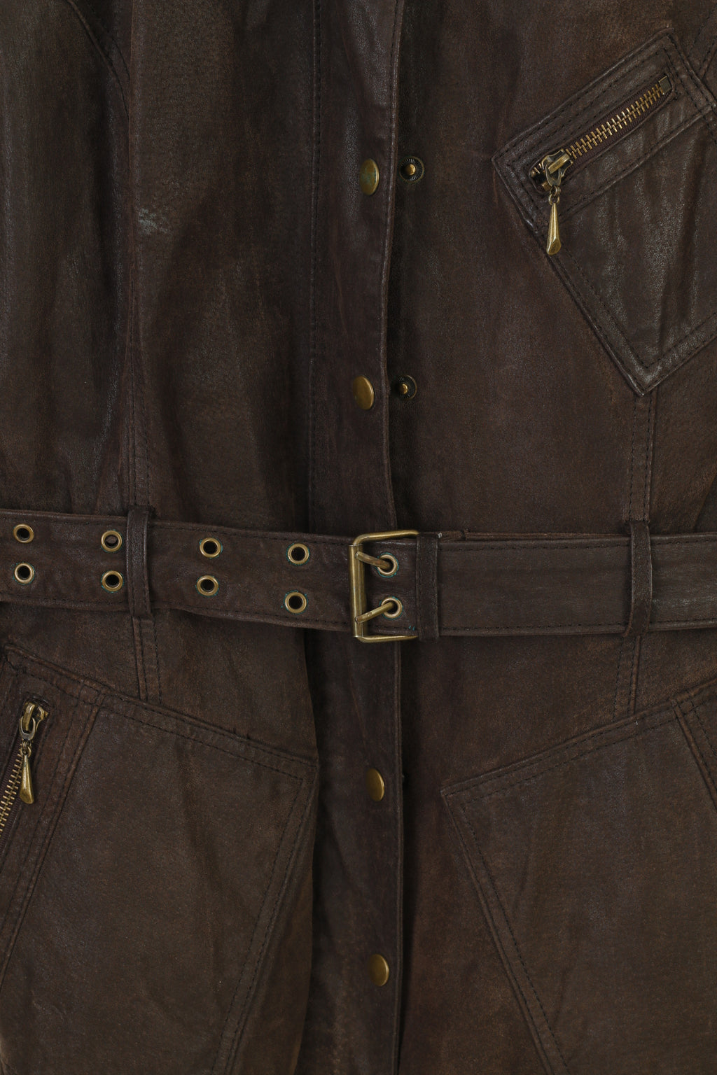 C&A Woman 46 S Leather Jacket Brown Full Zipper Belt Hood Pockets Vintage Top