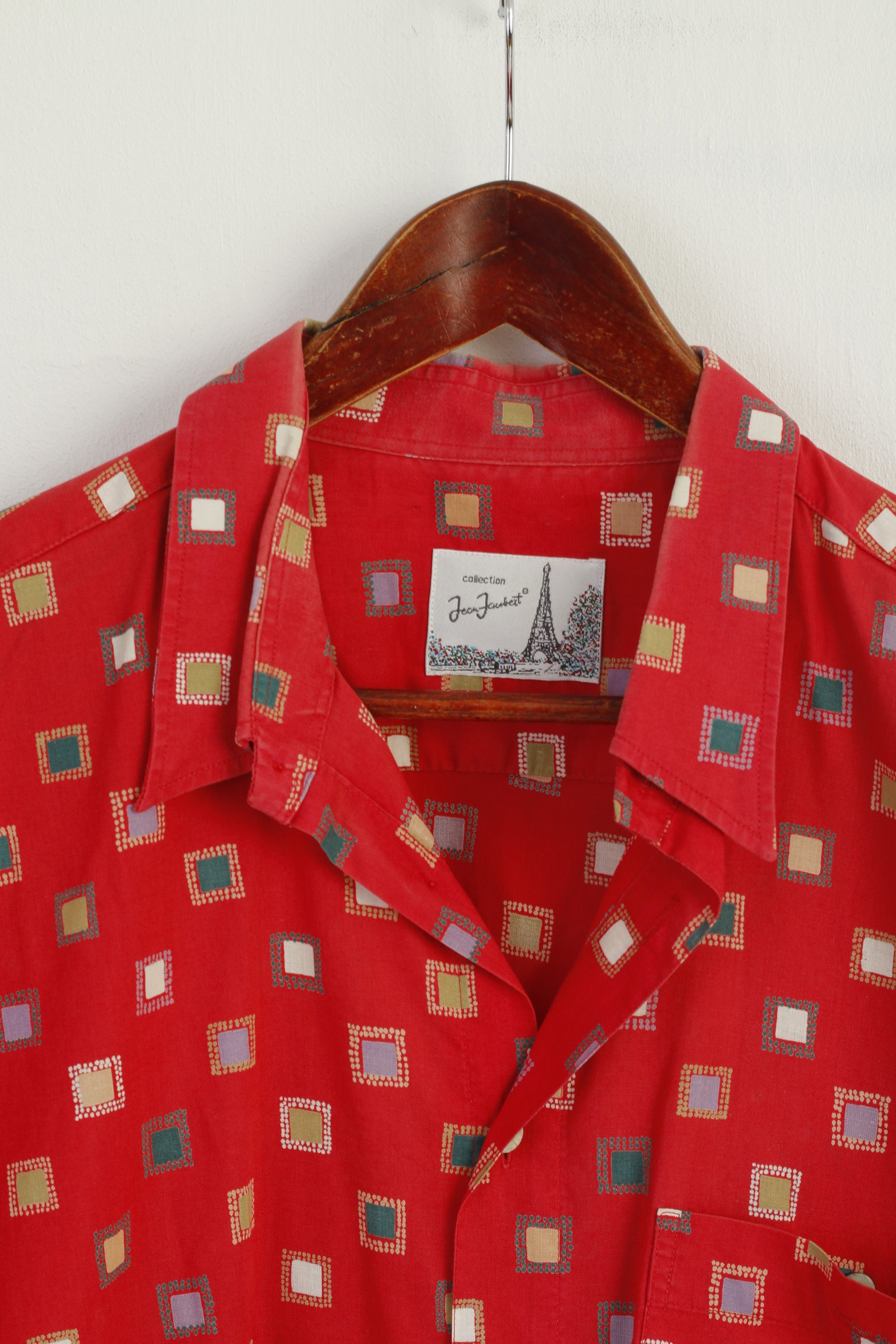 Jean Jaunbert Men XL (L) Casual Shirt Red Cotton Vintage Cubes Print Retro Top