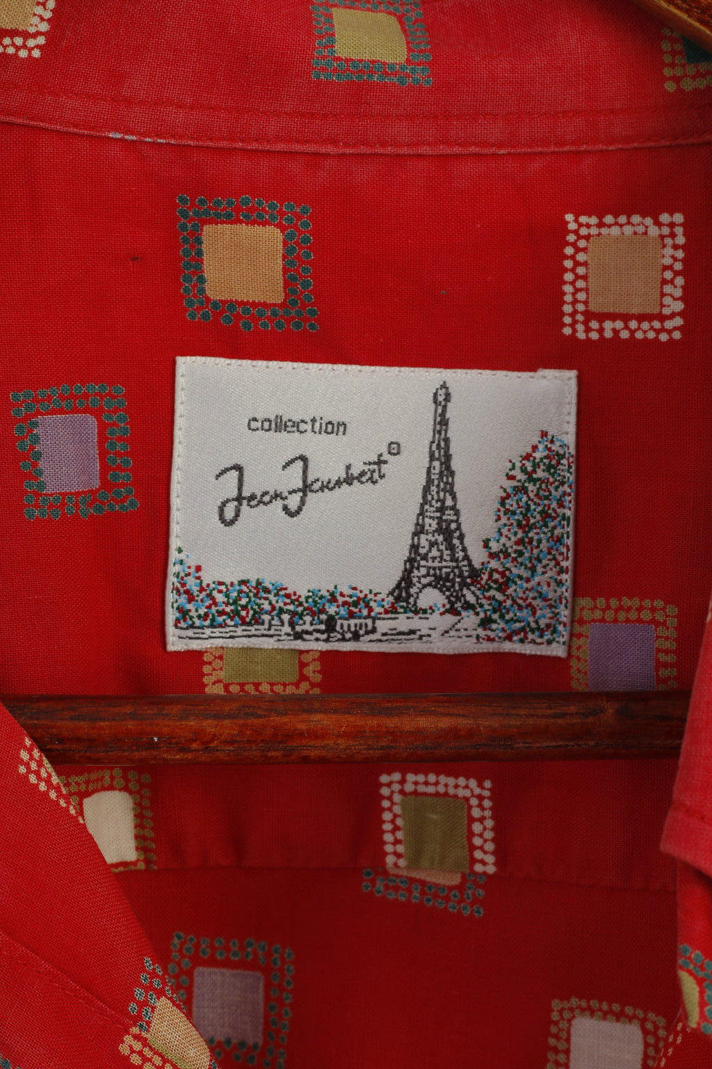 Jean Jaunbert Men XL (L) Casual Shirt Red Cotton Vintage Cubes Print Retro Top