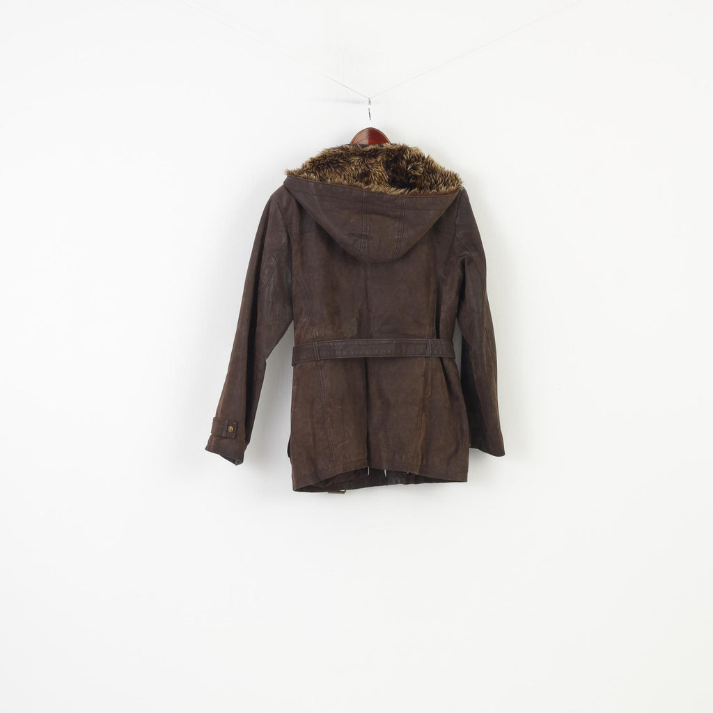 C&A Woman 46 S Leather Jacket Brown Full Zipper Belt Hood Pockets Vintage Top