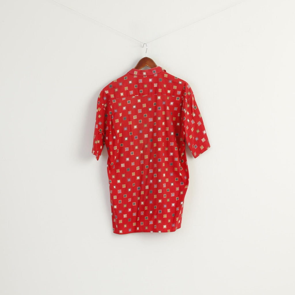 Jean Jaunbert Men XL (L) Casual Shirt Red Cotton Vintage Cubes Print Retro Top