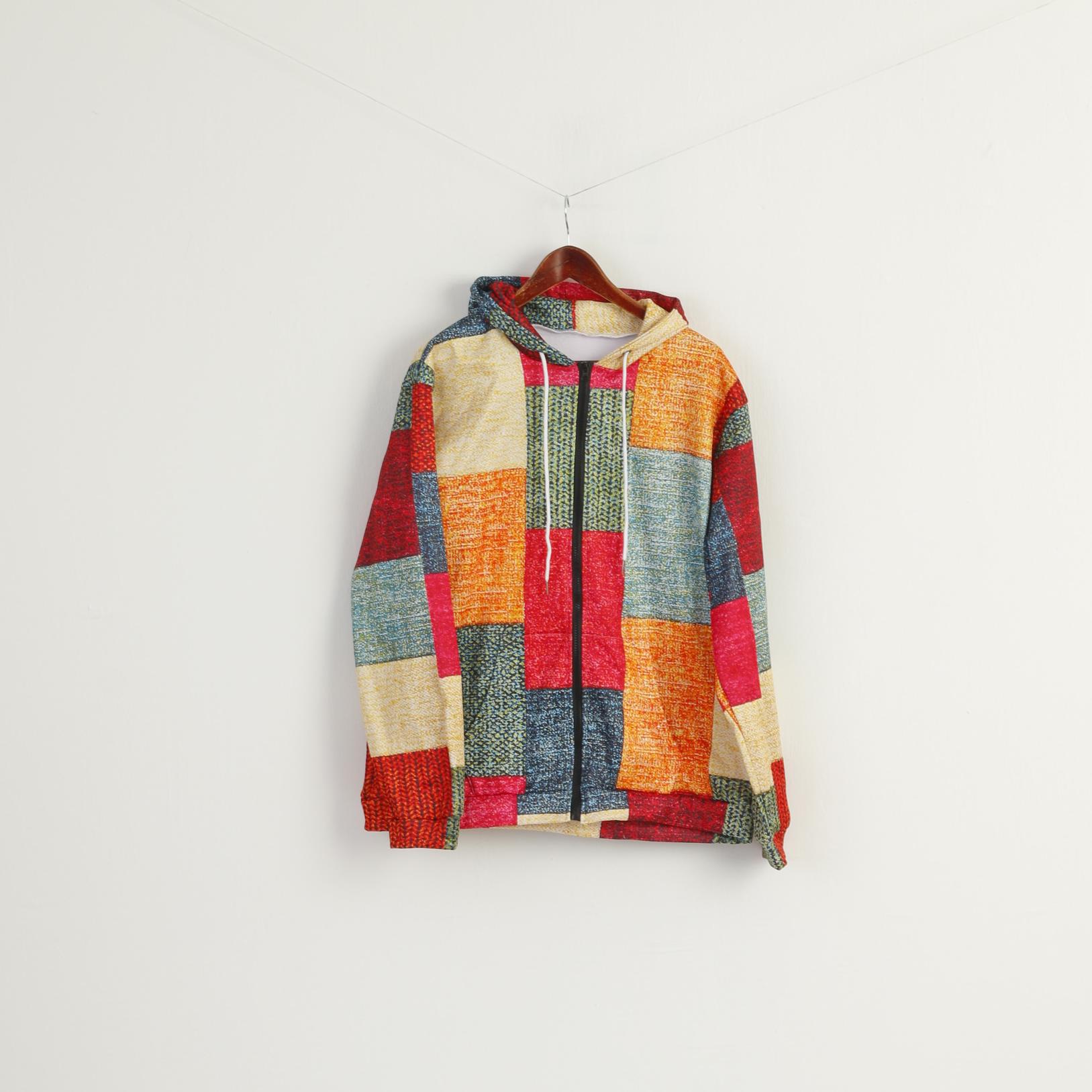 Vintage Men L Sweatshirt Multicolour Patchwork Print Shiny Hooded Top
