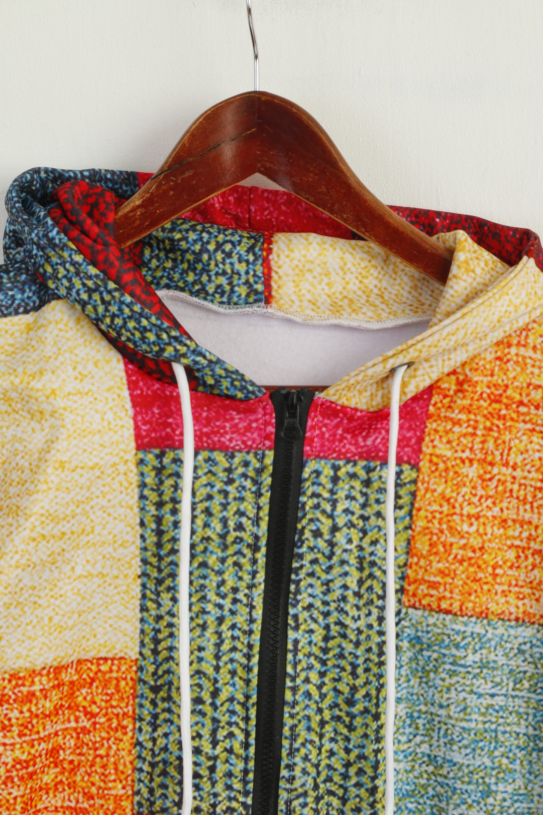 Vintage Men L Sweatshirt Multicolour Patchwork Print Shiny Hooded Top