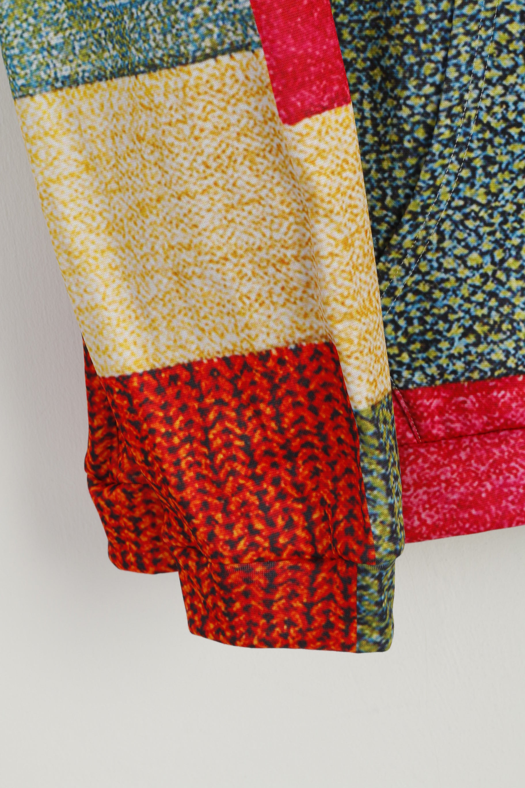 Vintage Men L Sweatshirt Multicolour Patchwork Print Shiny Hooded Top