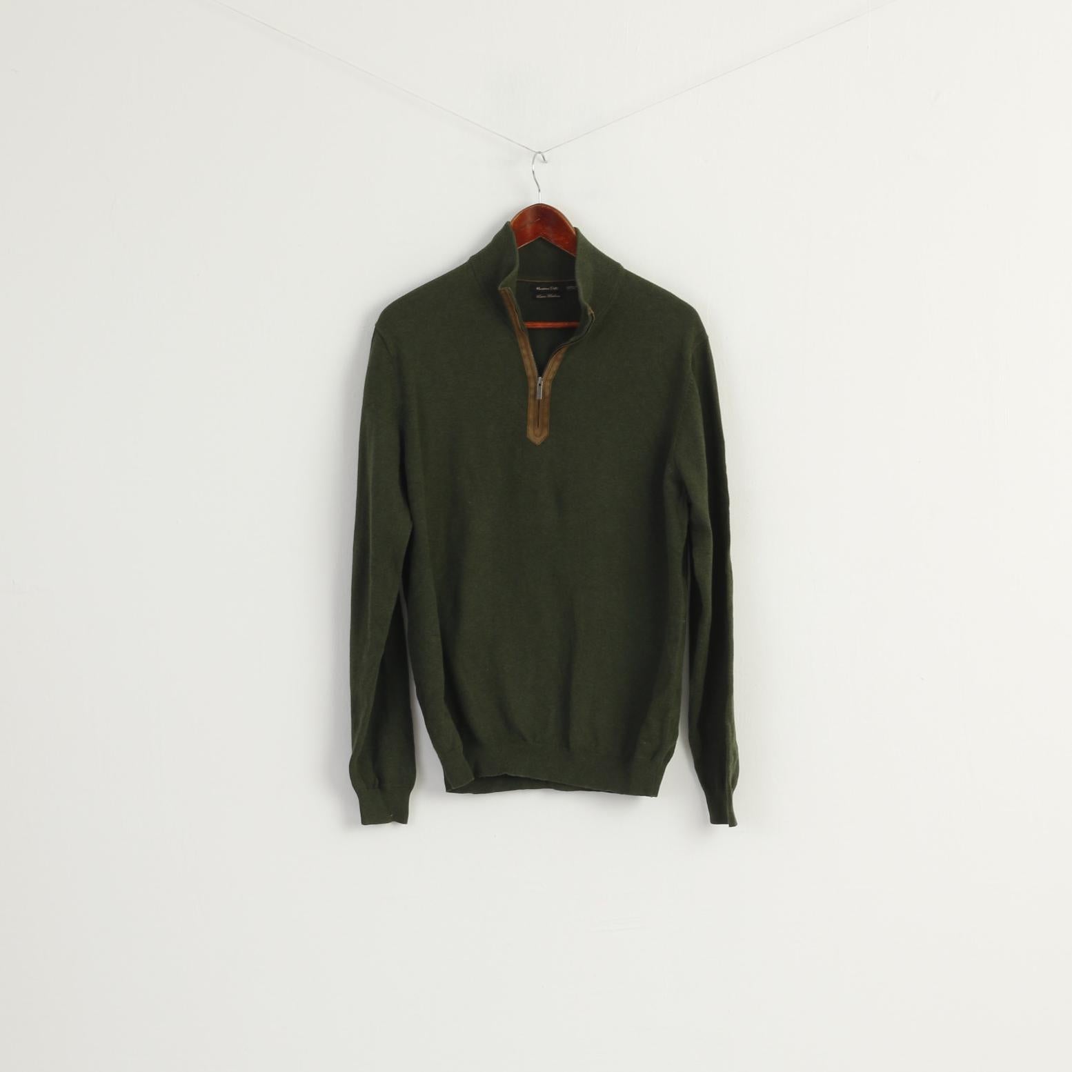 Massimo Dutti Men L (M) Jumper Green Cotton Cashmere Blend Zip Neck Sweater