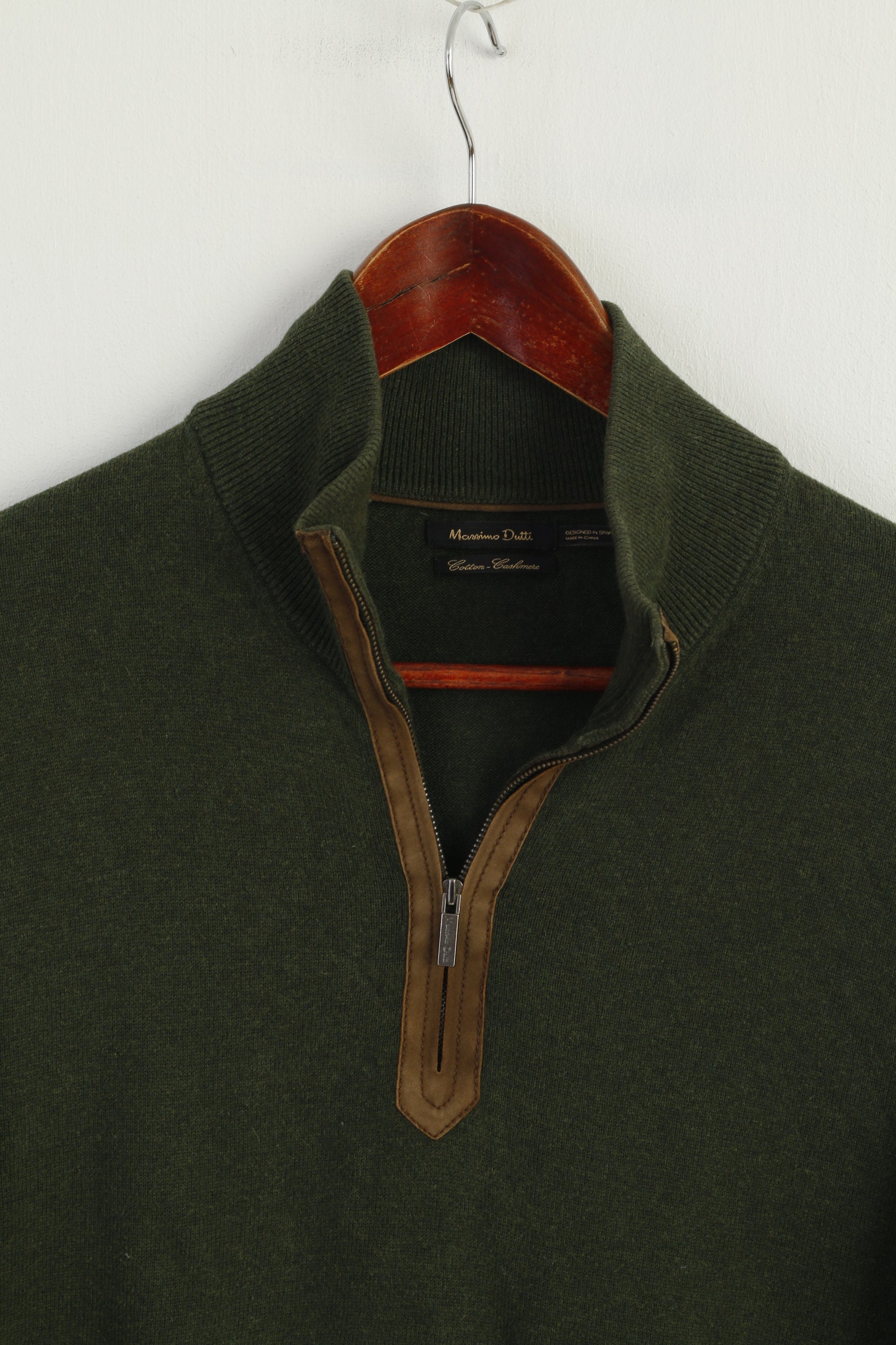Massimo Dutti Men L (M) Jumper Green Cotton Cashmere Blend Zip Neck Sweater