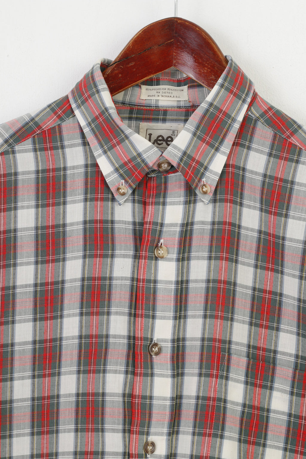 Lee Men M Casual Shirt Checkered Long Sleeve Collar Cream Red Top