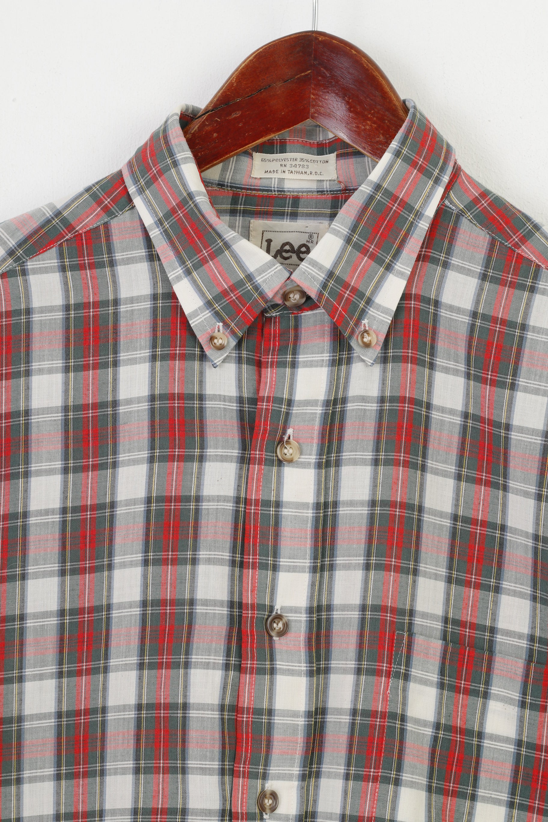 Lee Men M Casual Shirt Checkered Long Sleeve Collar Cream Red Top