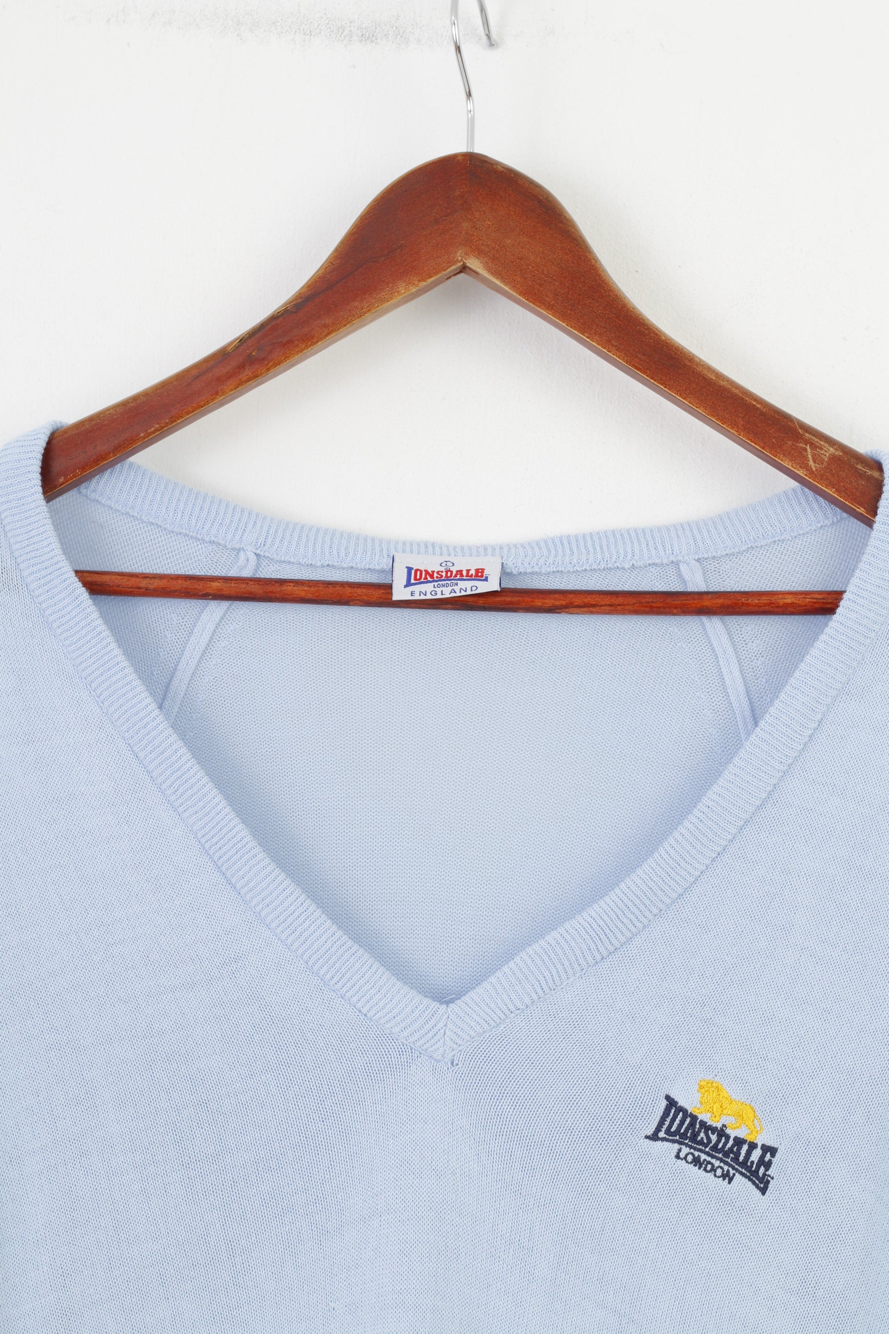 Lonsdale Men L Jumper Blue V Neck England Acrylic Logo Classic Top