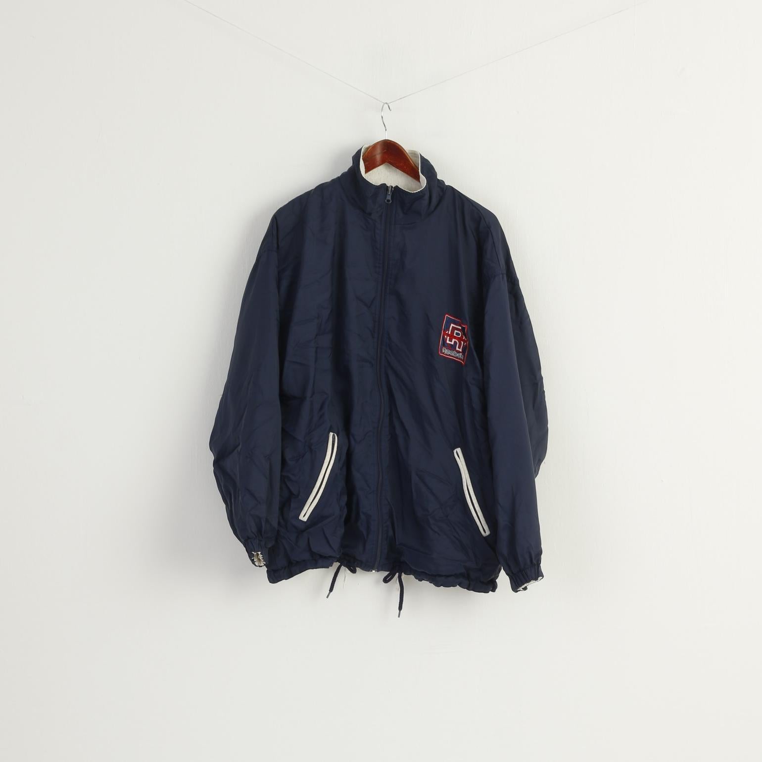 Reebok Men L Bomber Jacket Navy Vintage Athletic Tarining Double Sided Top