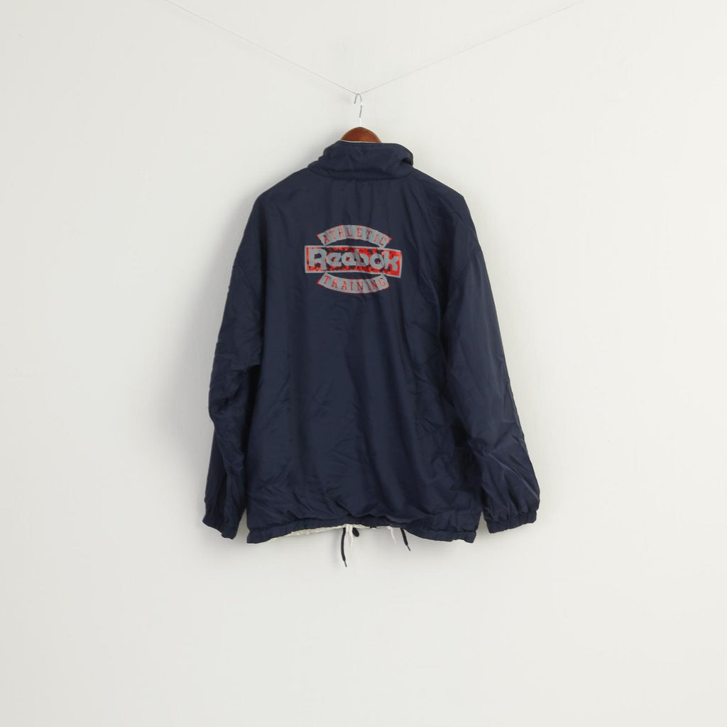 Reebok Men L Bomber Jacket Navy Vintage Athletic Tarining Double Sided Top