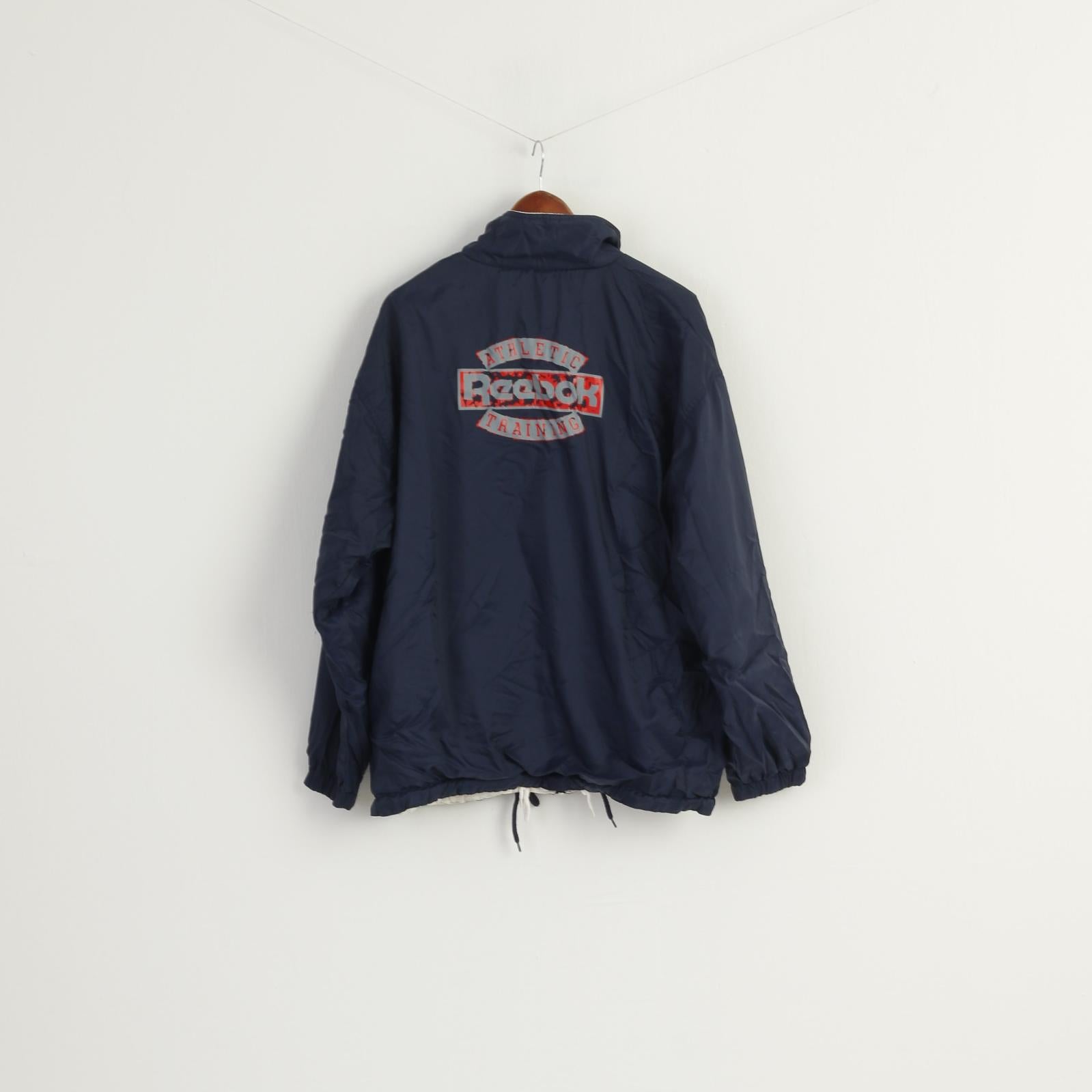 Reebok Men L Bomber Jacket Navy Vintage Athletic Tarining Double Sided Top