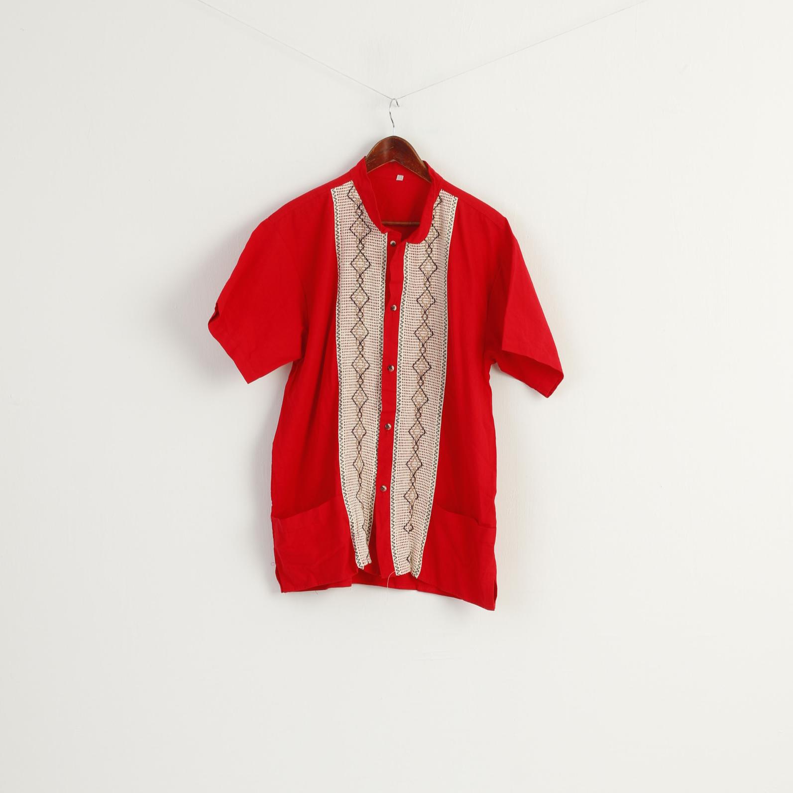 EX Men L Casual Shirt Red Cotton  Embroidered Oversize Vintage Retro Top