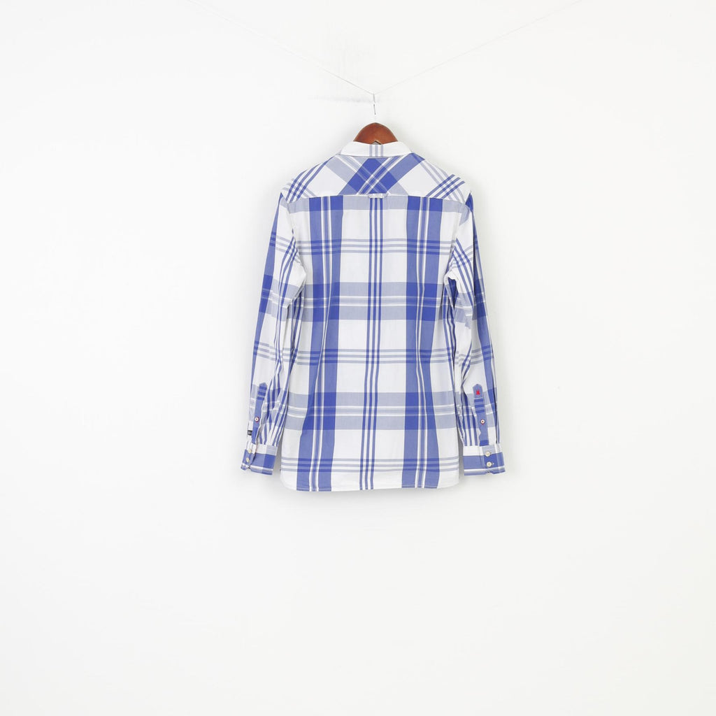 Gaastra Men M Casual Shirt Checkered Cotton White Blue Collar Long Sleeve Collar ELegant Top