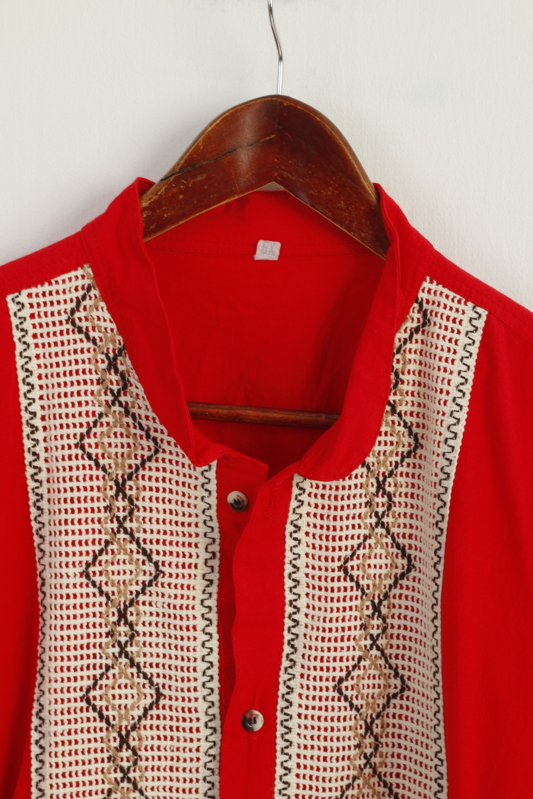 EX Men L Casual Shirt Red Cotton  Embroidered Oversize Vintage Retro Top