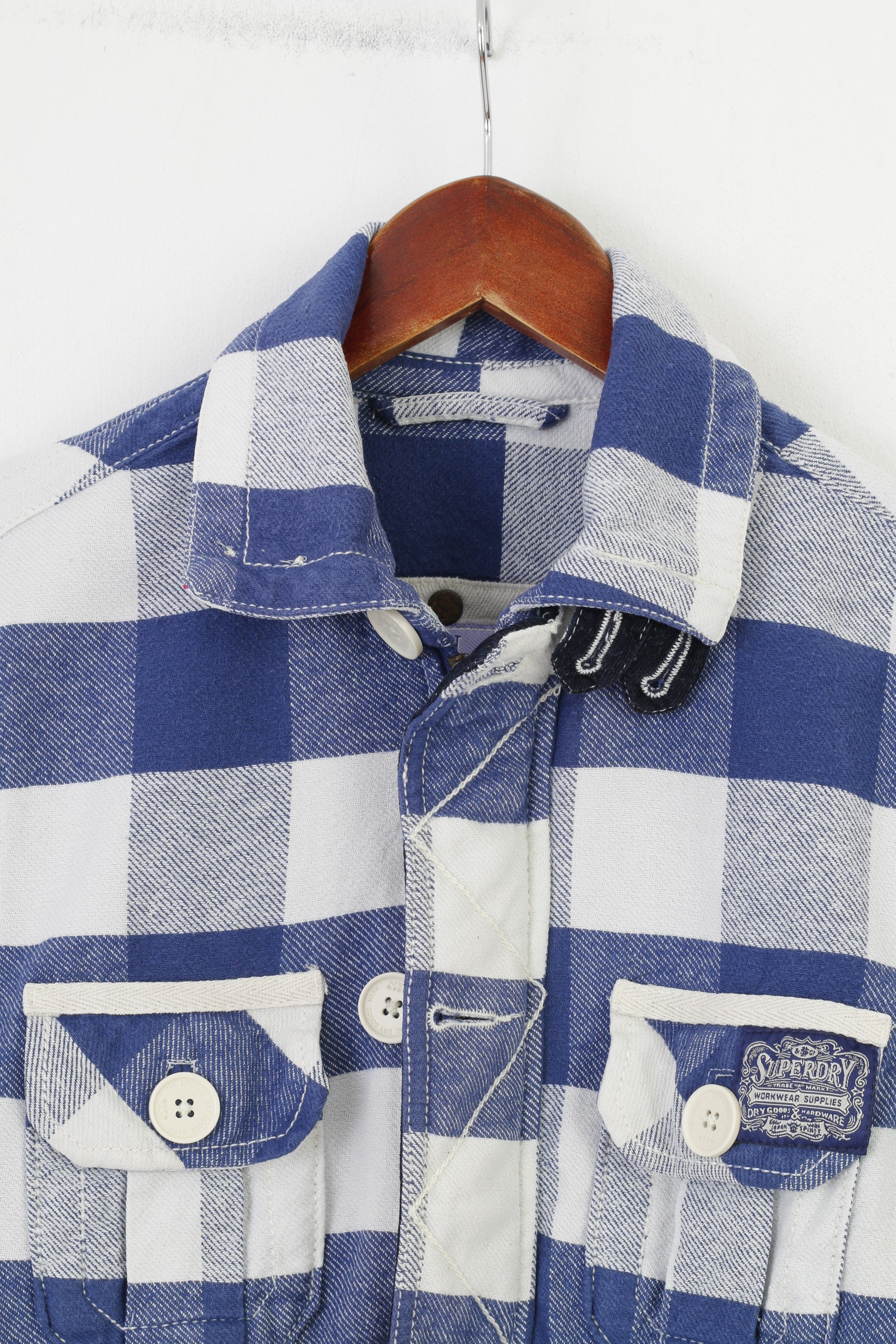 Superdry Hommes Veste À Carreaux Bleu Blanc Coton Full Zipper Bottoms Western Shirt Company Mustang