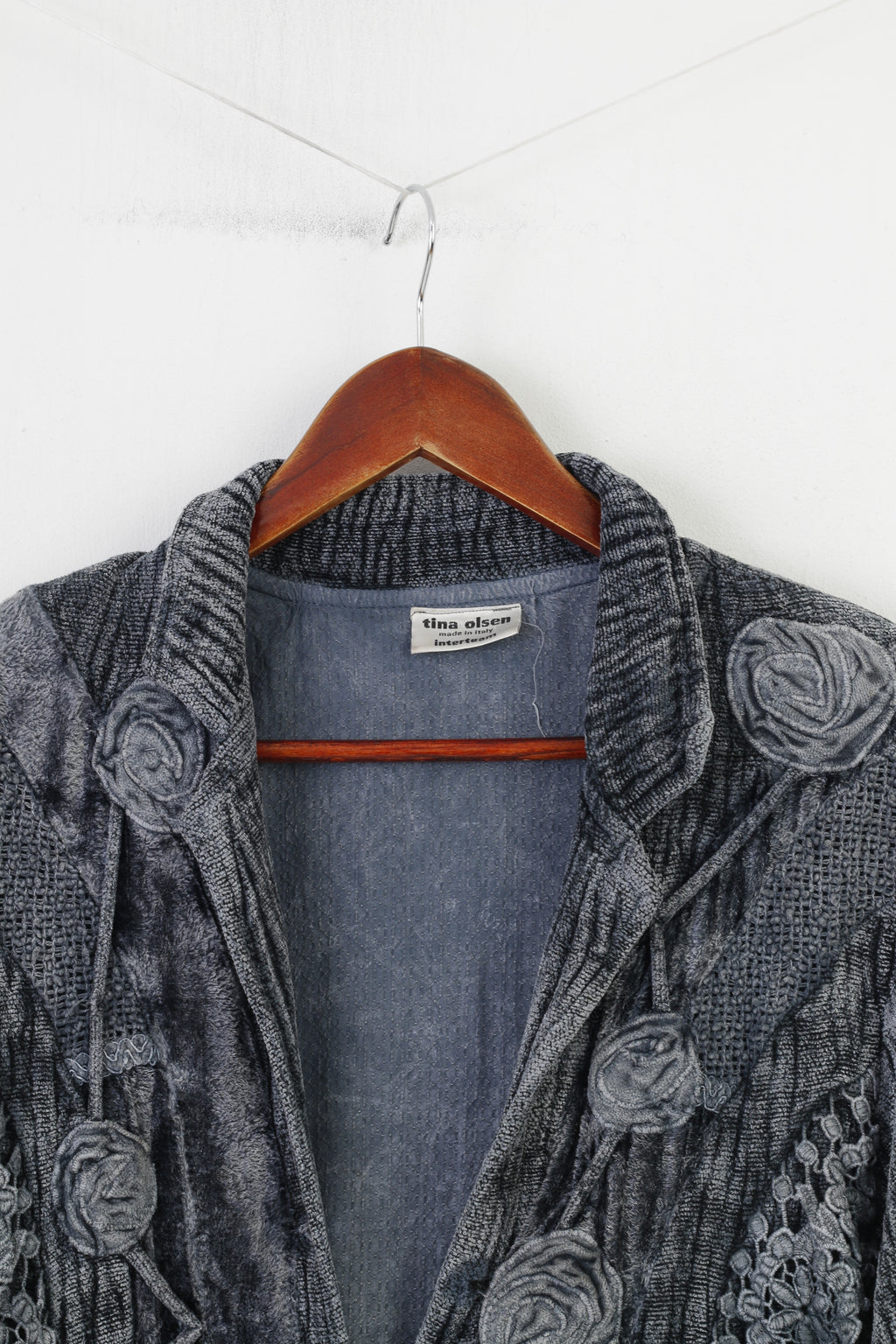 Tina Olsen Woman M Jacket Navy Viscosa Buttons Collar Flowers Shoulder Pads Made in Italy Top