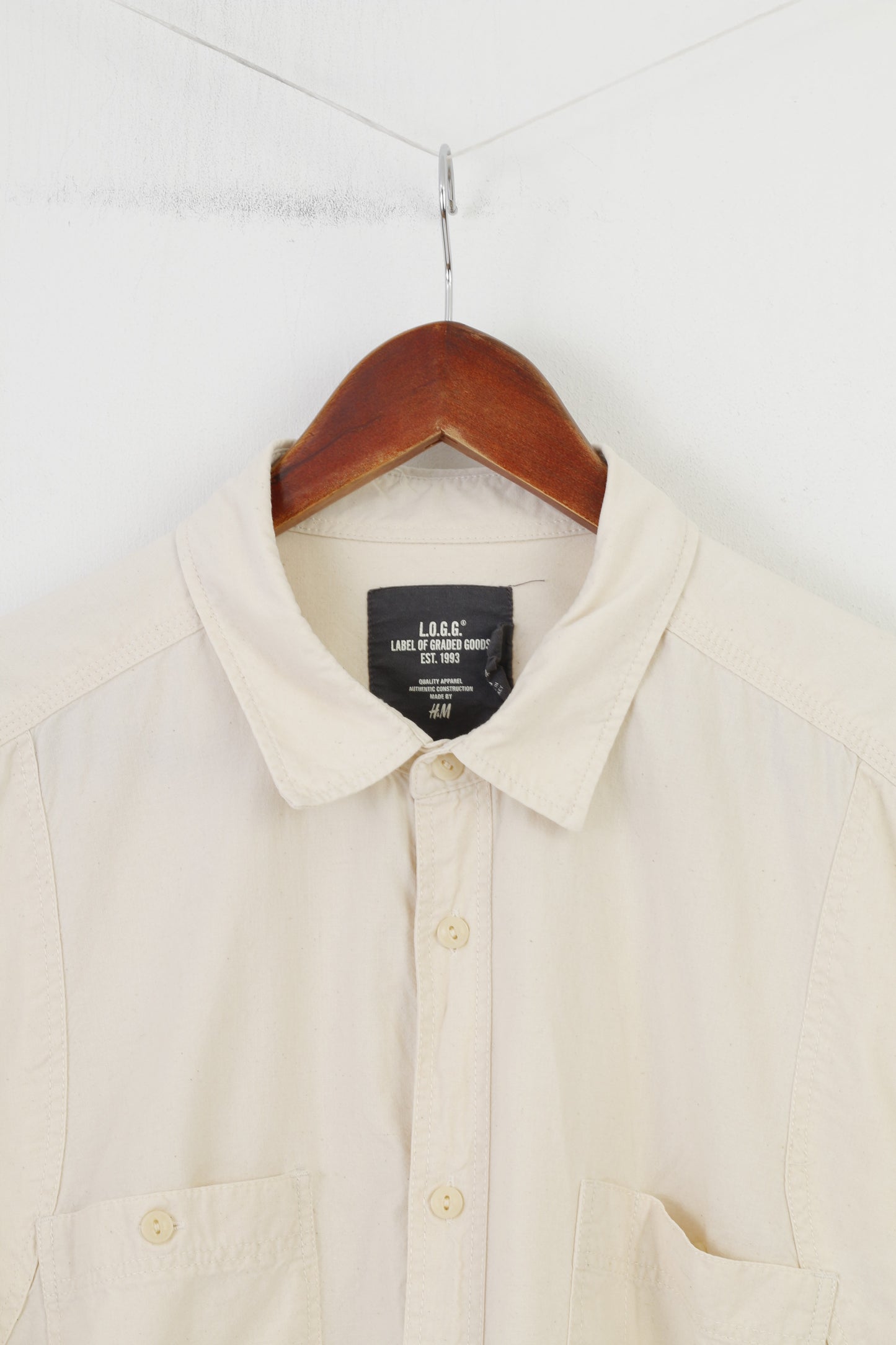 Camicia casual da uomo H&amp;M XL, top elegante in cotone crema, colletto a maniche lunghe