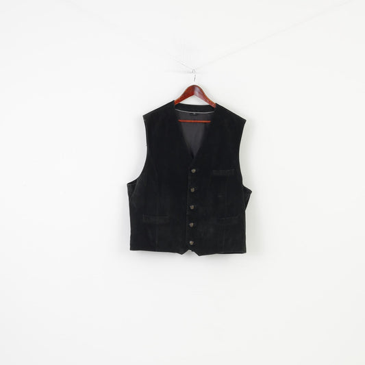 C.Comberti Men 58 (XXL) Leather Vest Black Bottoms Pockets Elegant Top 