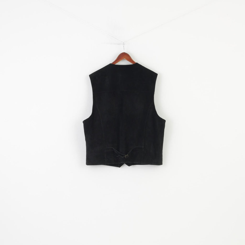 C.Comberti Men 58 XXL Leather Vest Black Vintage Western Bottoms Pockets Classic Top