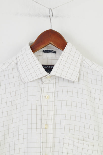 Gant Camicia casual da uomo L a quadretti color crema, colletto in cotone, manica lunga, top Oxford di lusso