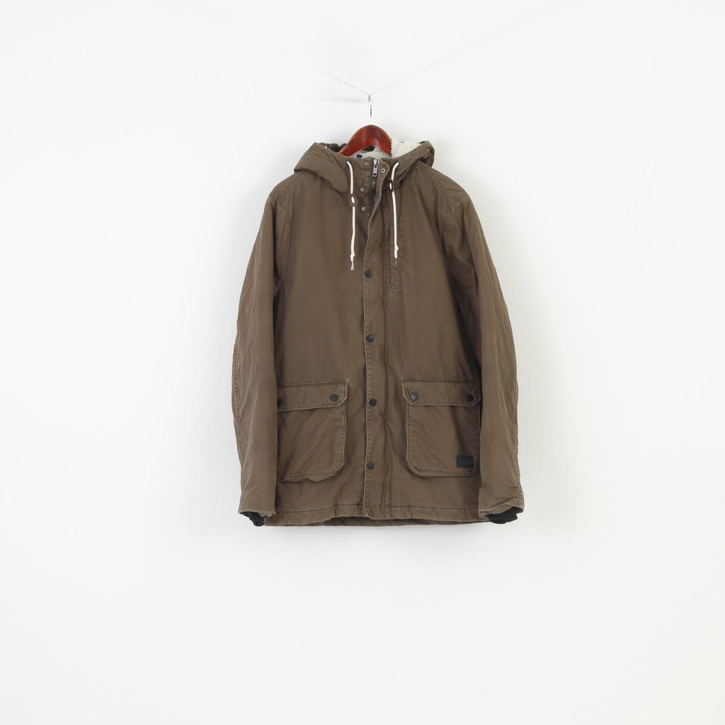 H&M Men M Jacket Khaki Padded Cotton Hood Full Zipper Pockets