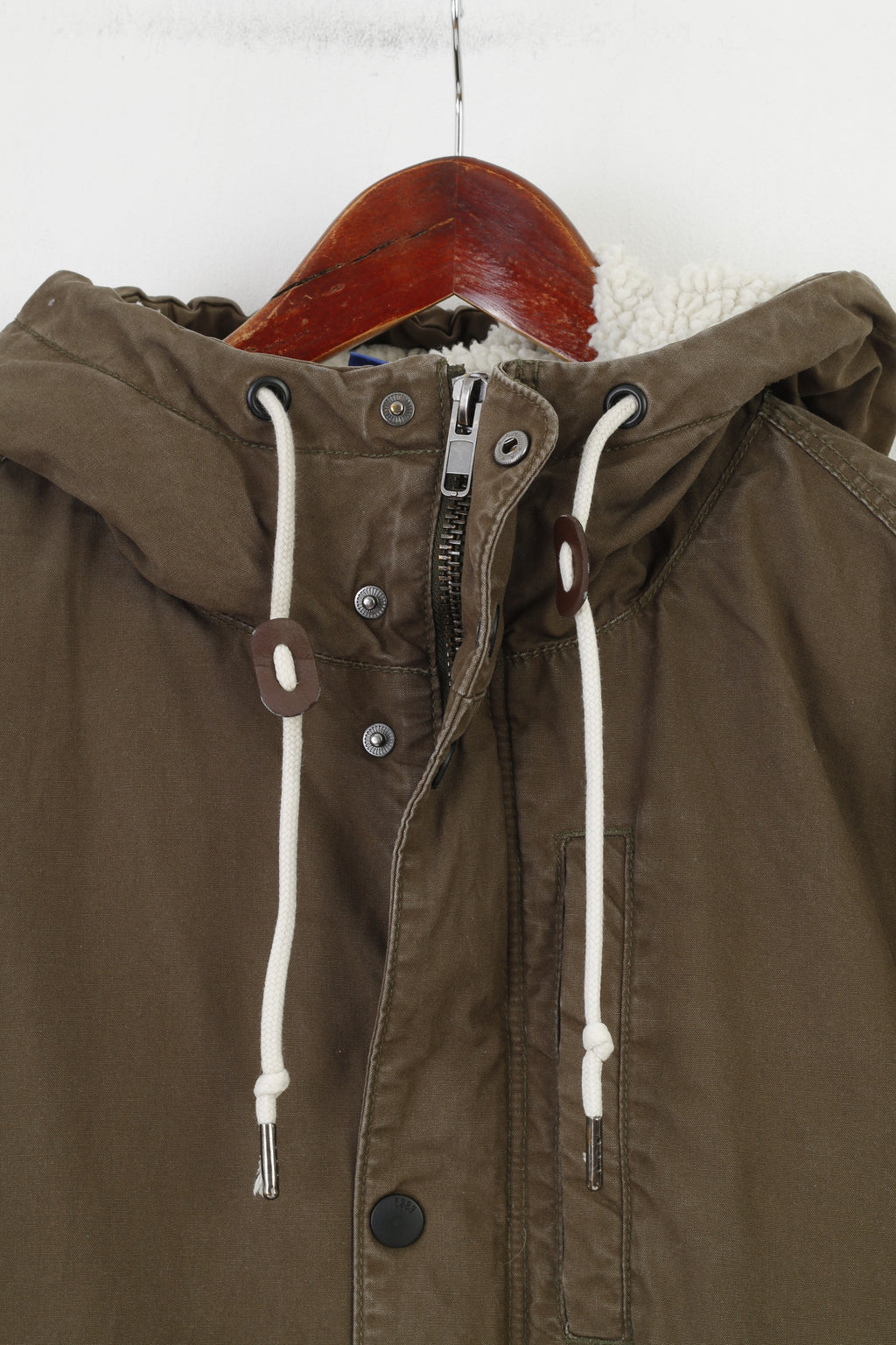 Giacca H&amp;M da uomo M, cappuccio imbottito in cotone kaki, tasche con cerniera completa, top vintage invernale