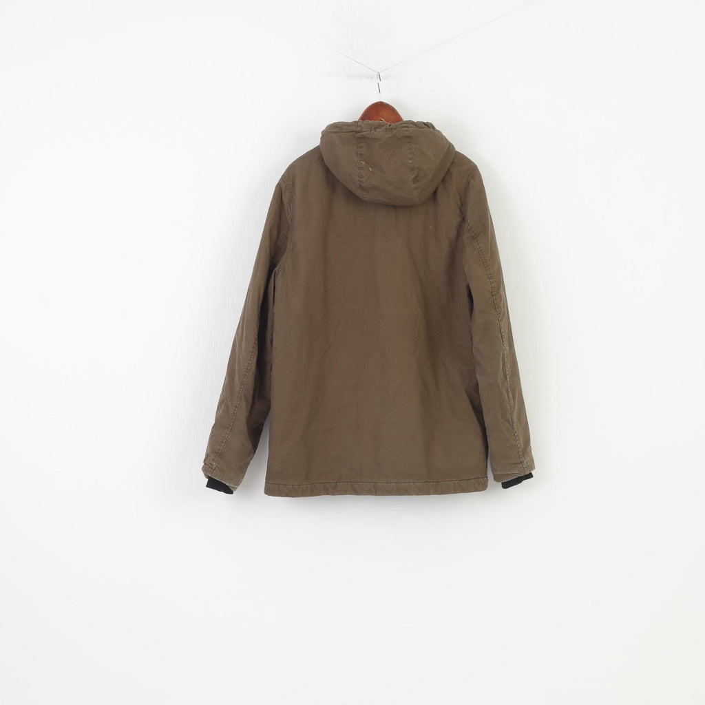 Giacca H&amp;M da uomo M, cappuccio imbottito in cotone kaki, tasche con cerniera completa, top vintage invernale