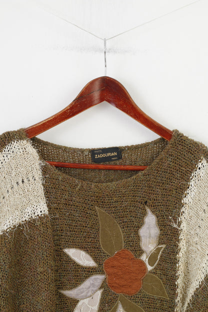 Zadourian Donna M Maglione Girocollo con fiori color kaki Top maglione in maglia oversize lucido vintage Parigi