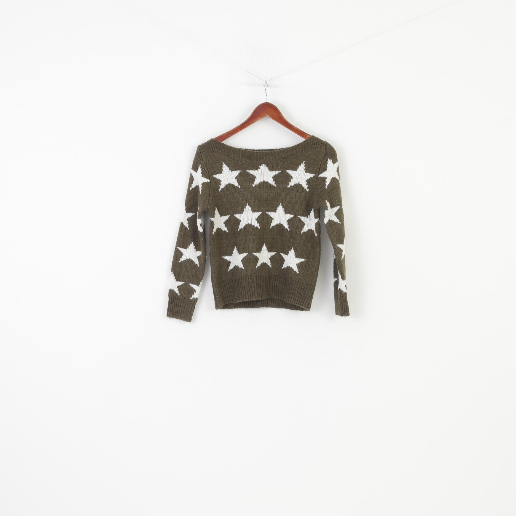 JÖWELL Woman S Jumper Khaki Stars Crew Neck Acrylic Sweater Knitwear Classic Top