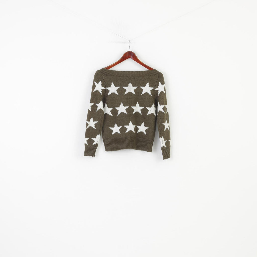 JÖWELL Woman S Jumper Khaki Stars Crew Neck Acrylic Sweater Knitwear Classic Top