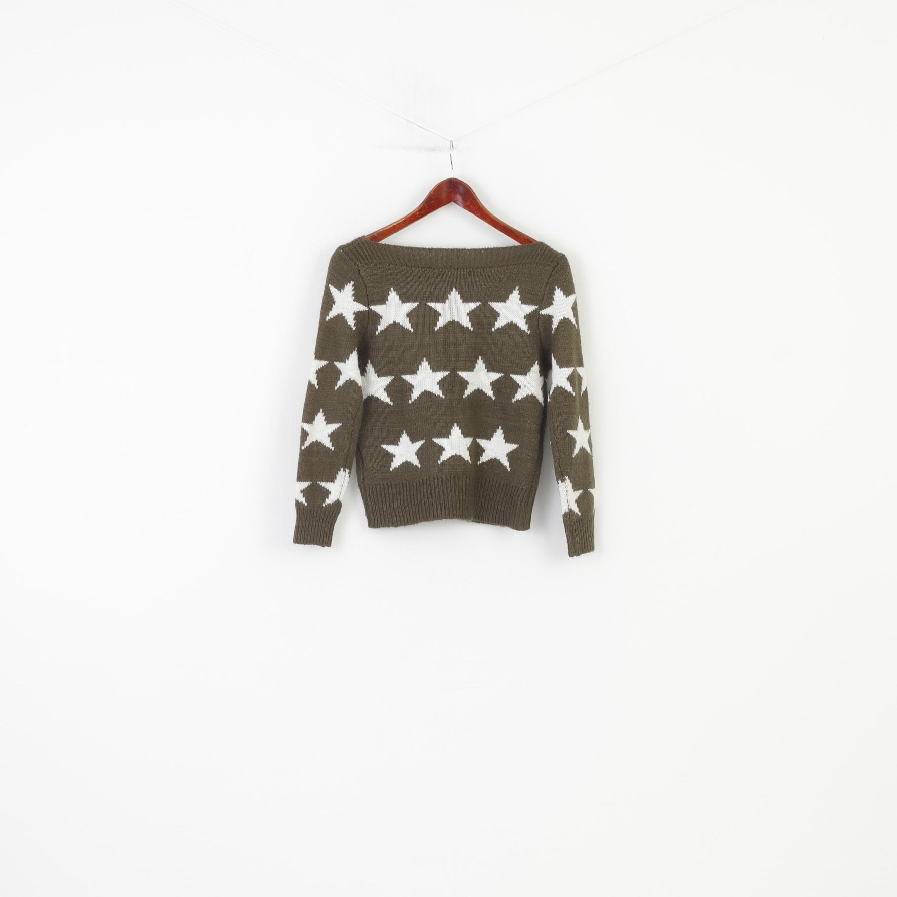 JÖWELL Woman S Jumper Khaki Stars Crew Neck Acrylic Sweater Knitwear Classic Top
