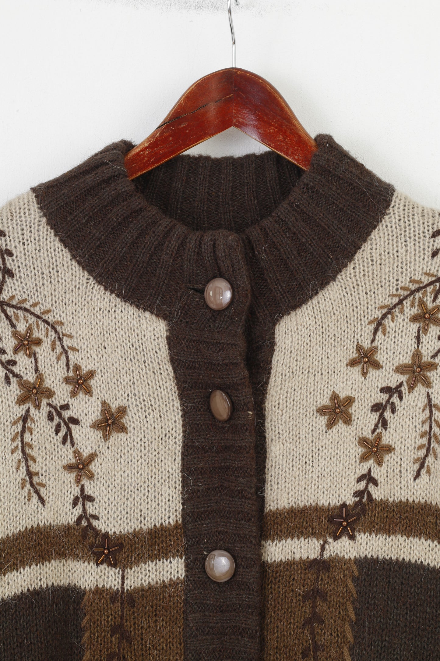 Affections Woman M/L Jumper Khaki Flower Wool Bottoms Shoulder Pads Vintage Sweater Classic Top