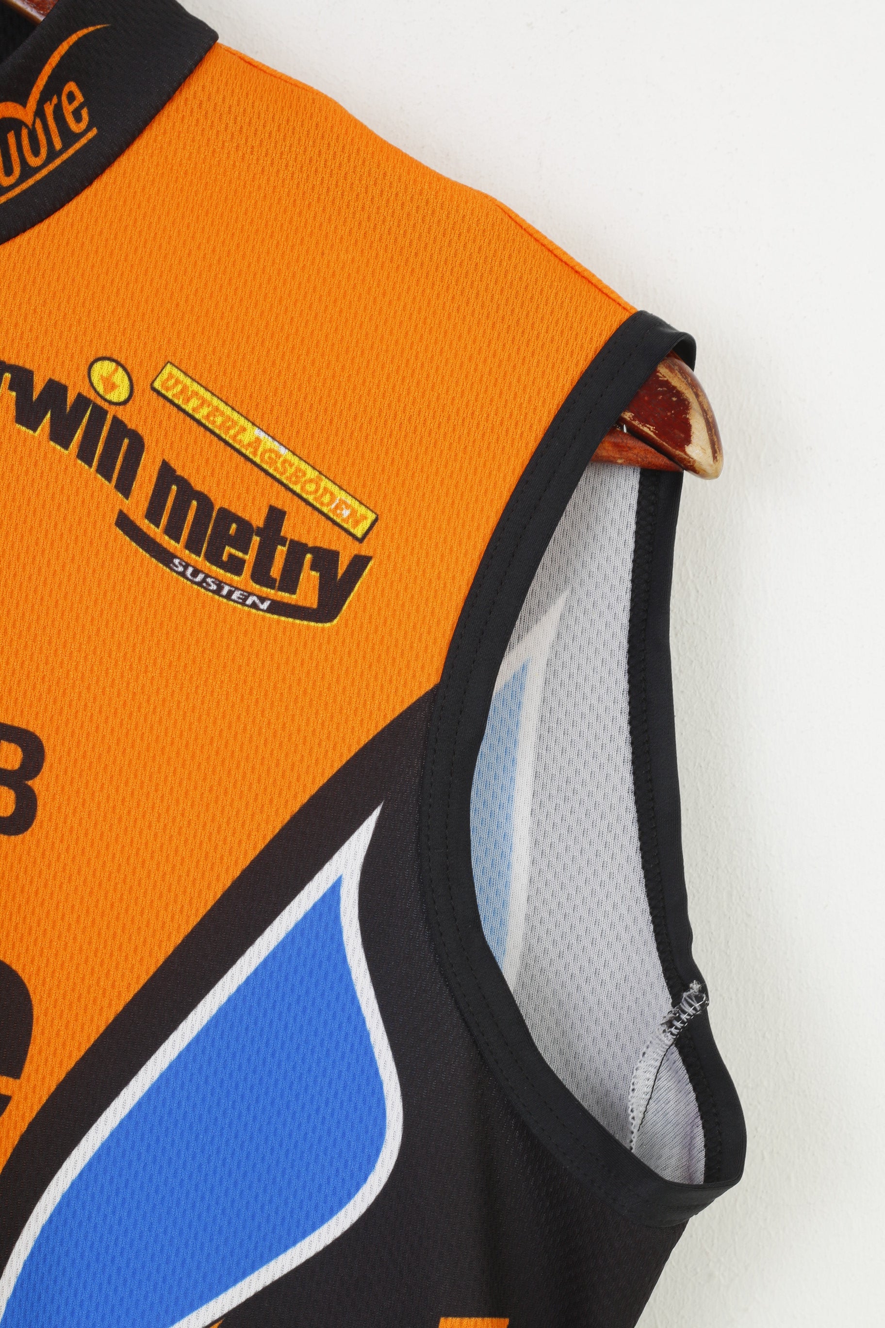 Raiffeisen Uomo M Gilet Arancione Vintage Ciclismo Activewear Zip Collo Velo Club Tasche Posteriori Sport Top