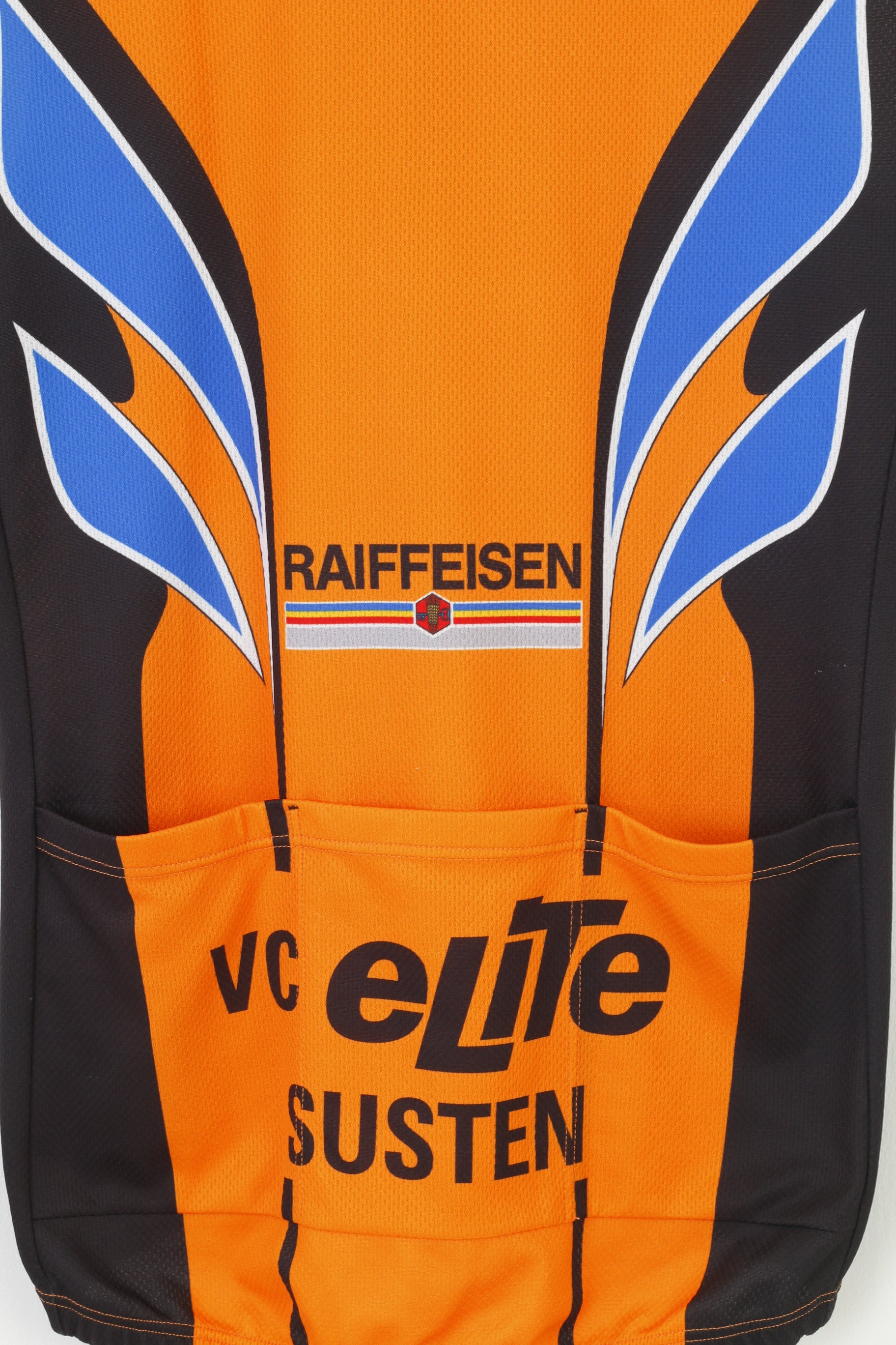 Raiffeisen Uomo M Gilet Arancione Vintage Ciclismo Activewear Zip Collo Velo Club Tasche Posteriori Sport Top
