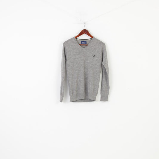 Fred Perry Men S Jumper Wool Grey V Neck Logo Classic Top
