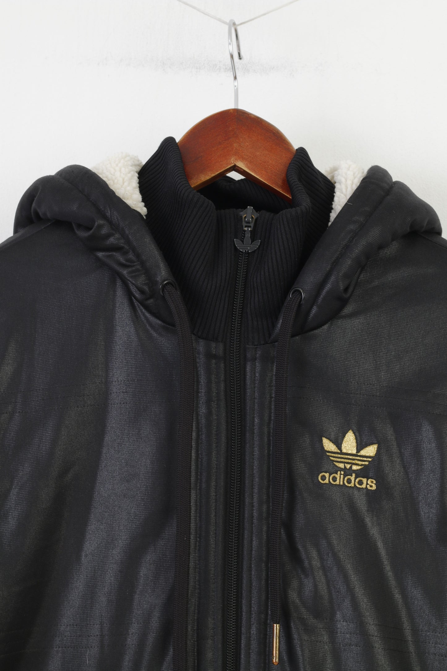 Adidas Hommes S Gilet Noir Shine Capuche Rembourré Fermeture Éclair Complète Vintage Polyester Haut