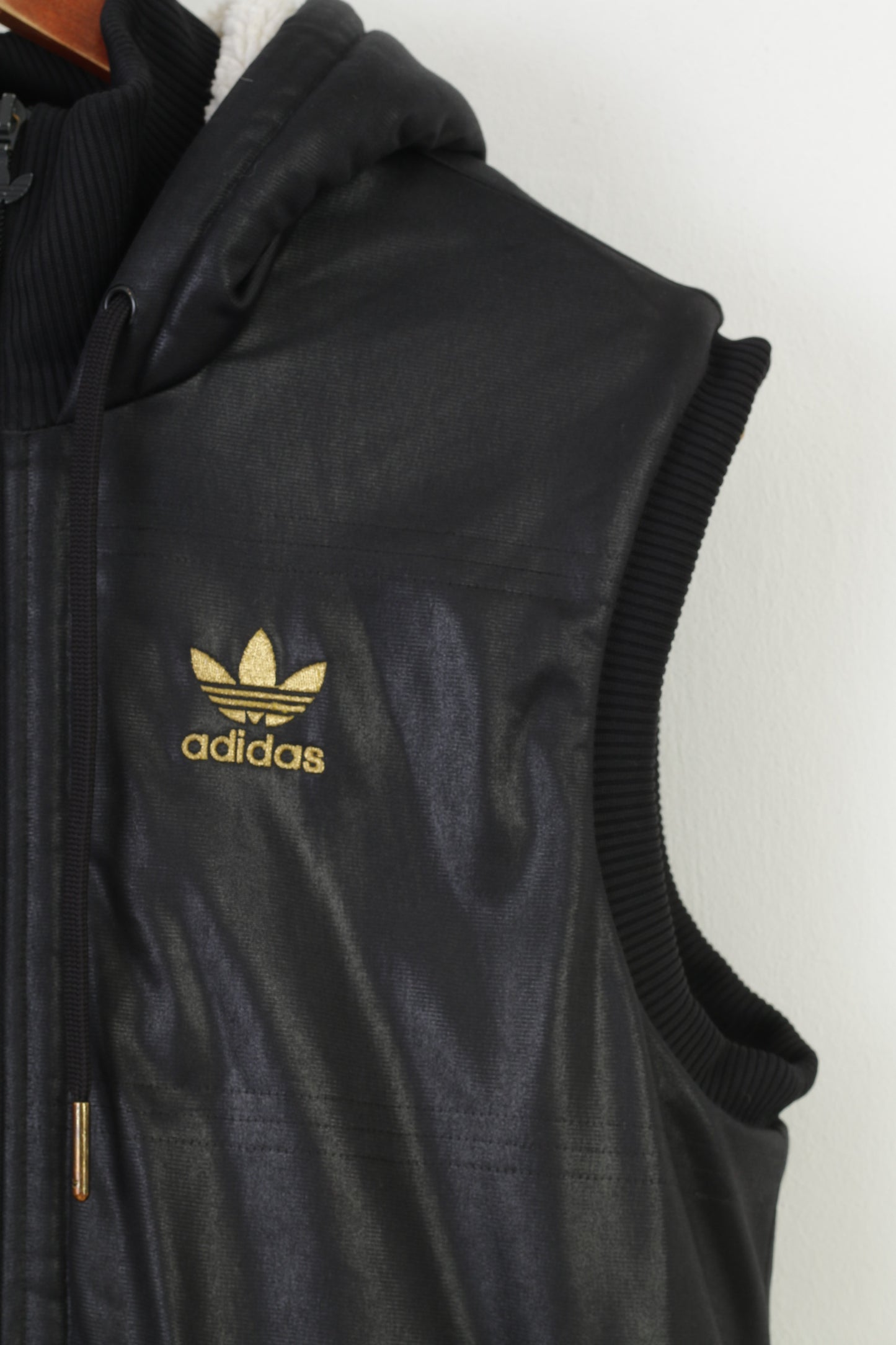 Adidas Hommes S Gilet Noir Shine Capuche Rembourré Fermeture Éclair Complète Vintage Polyester Haut