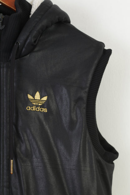 Gilet Adidas da uomo nero lucido, cappuccio imbottito, cerniera completa, top in poliestere vintage